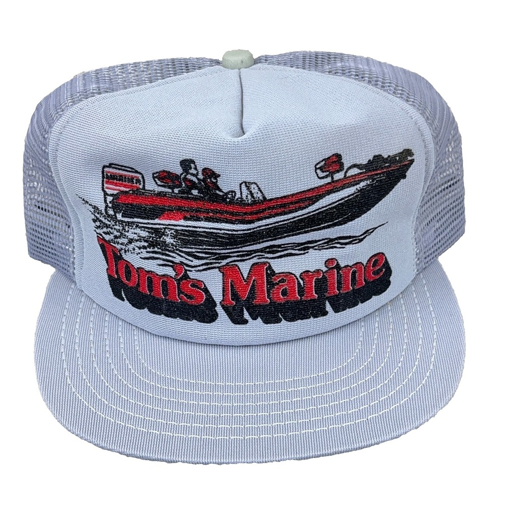 Vintage Fishing Boat Trucker Hat Cap Made In USA Puffy Print 80s 90s Toms Marine